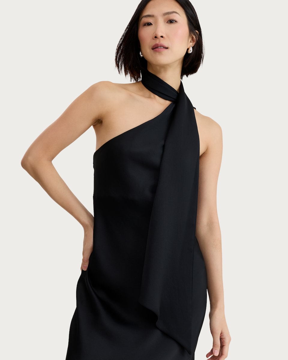 image 1 of F&F Satin Scarf Neck Midi Dress in Black