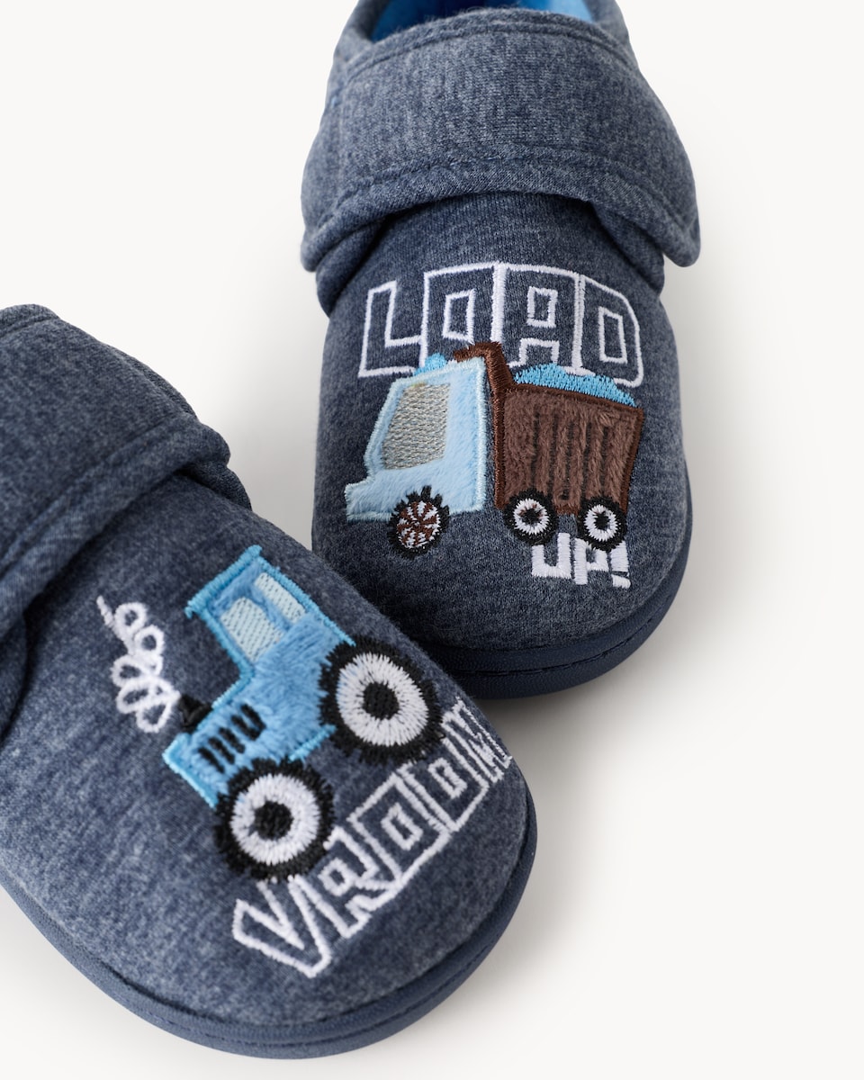 image 1 of F&F Boys Embroidered Digger Cupsole Slippers in Blue
