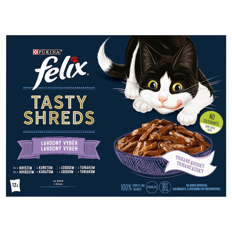 obrázok 1 z Felix Tasty Shreds kapsičky pre mačky hovädzie, kura, losos, tuniak v šťave 12 x 80 g
