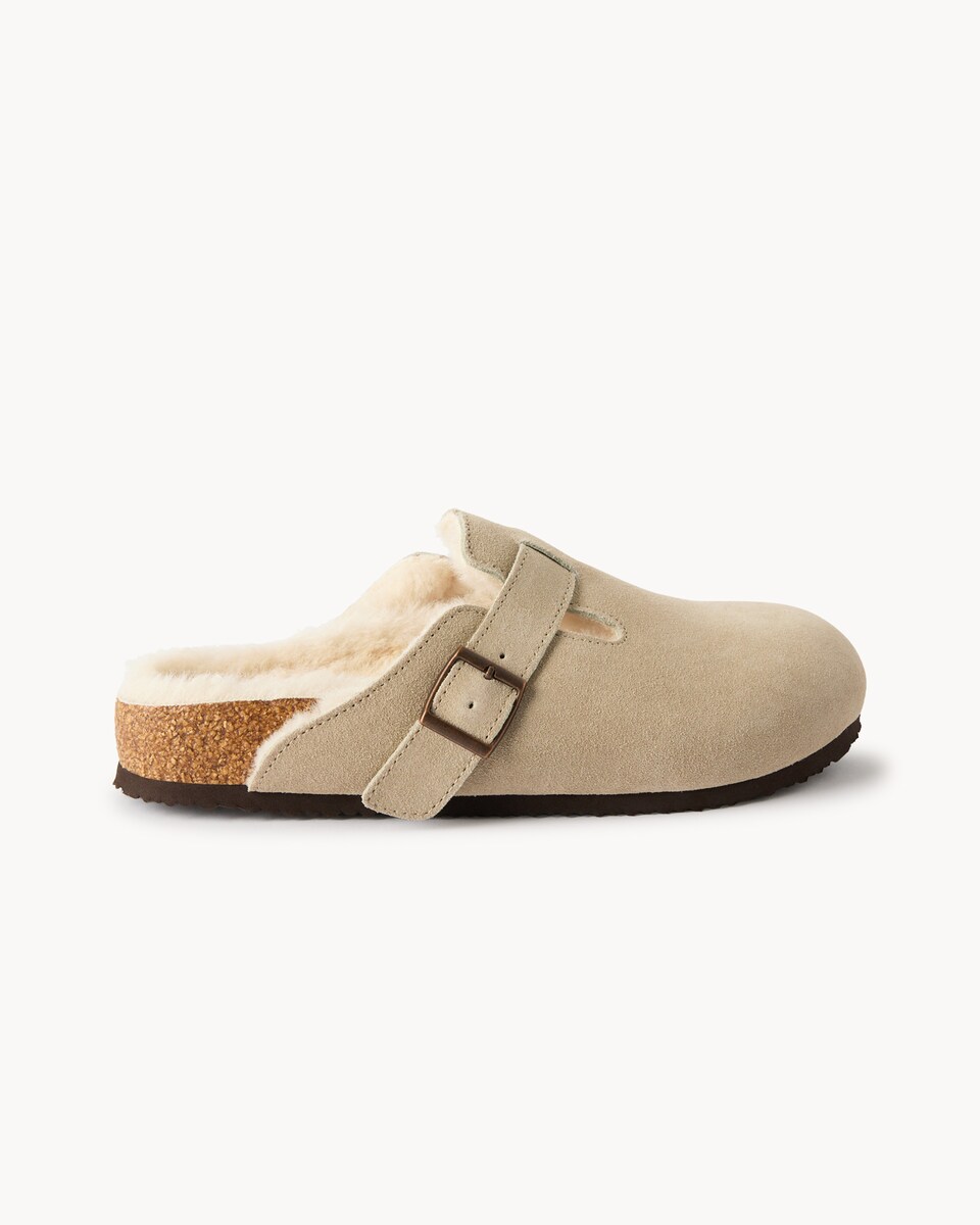 image 1 of F&F Suede Faux Fur Lined Slippers in Tan