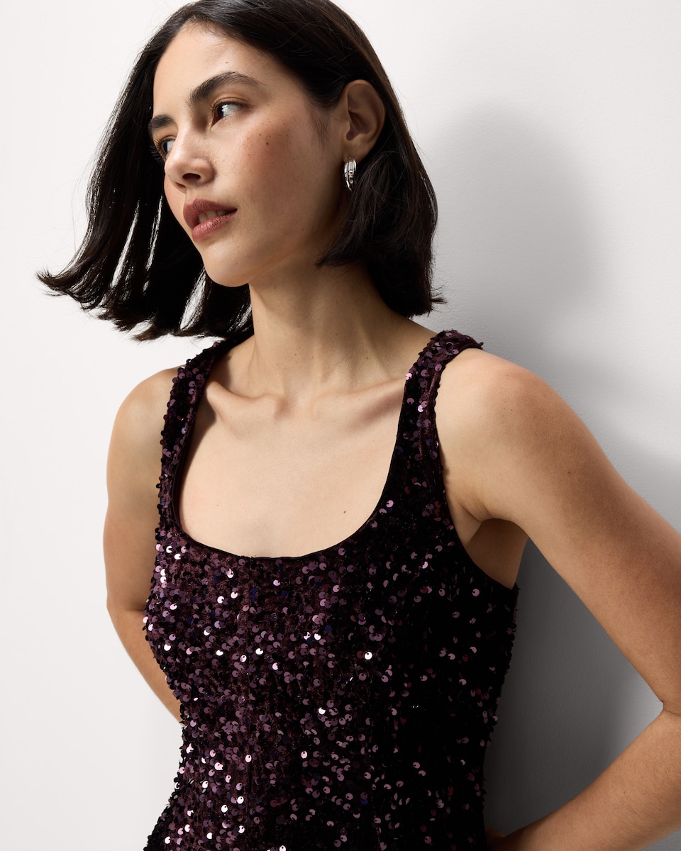 image 1 of F&F Velvet Sequin Square Neck Mini Dress in Burgundy