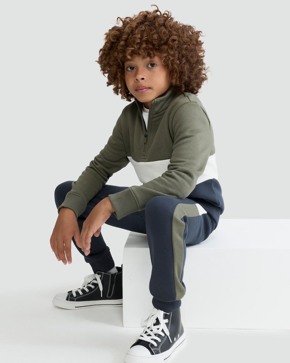 image 1 of F&F Boys 2-Piece Cotton Rich Half Zip Colour Block  Sweatshirt and Joggers Set in Green