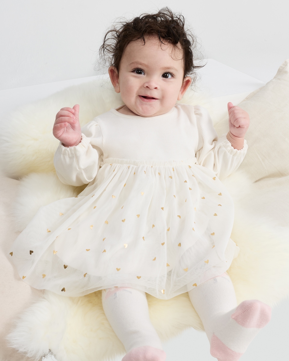 image 1 of F&F Baby Heart Print Day Dress in Cream