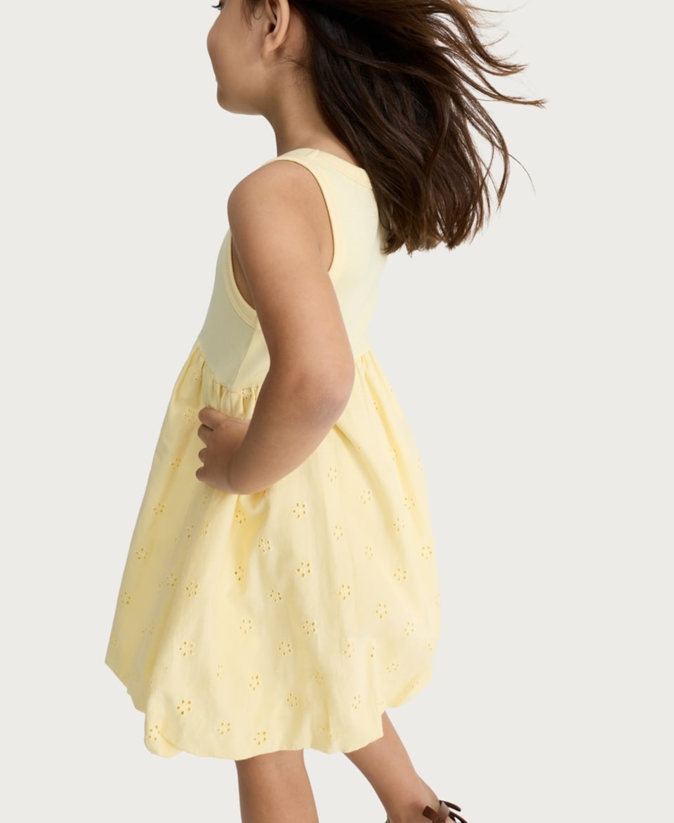 image 1 of F&F Girls Cotton Rich Broderie Sleeveless Dress in Yellow