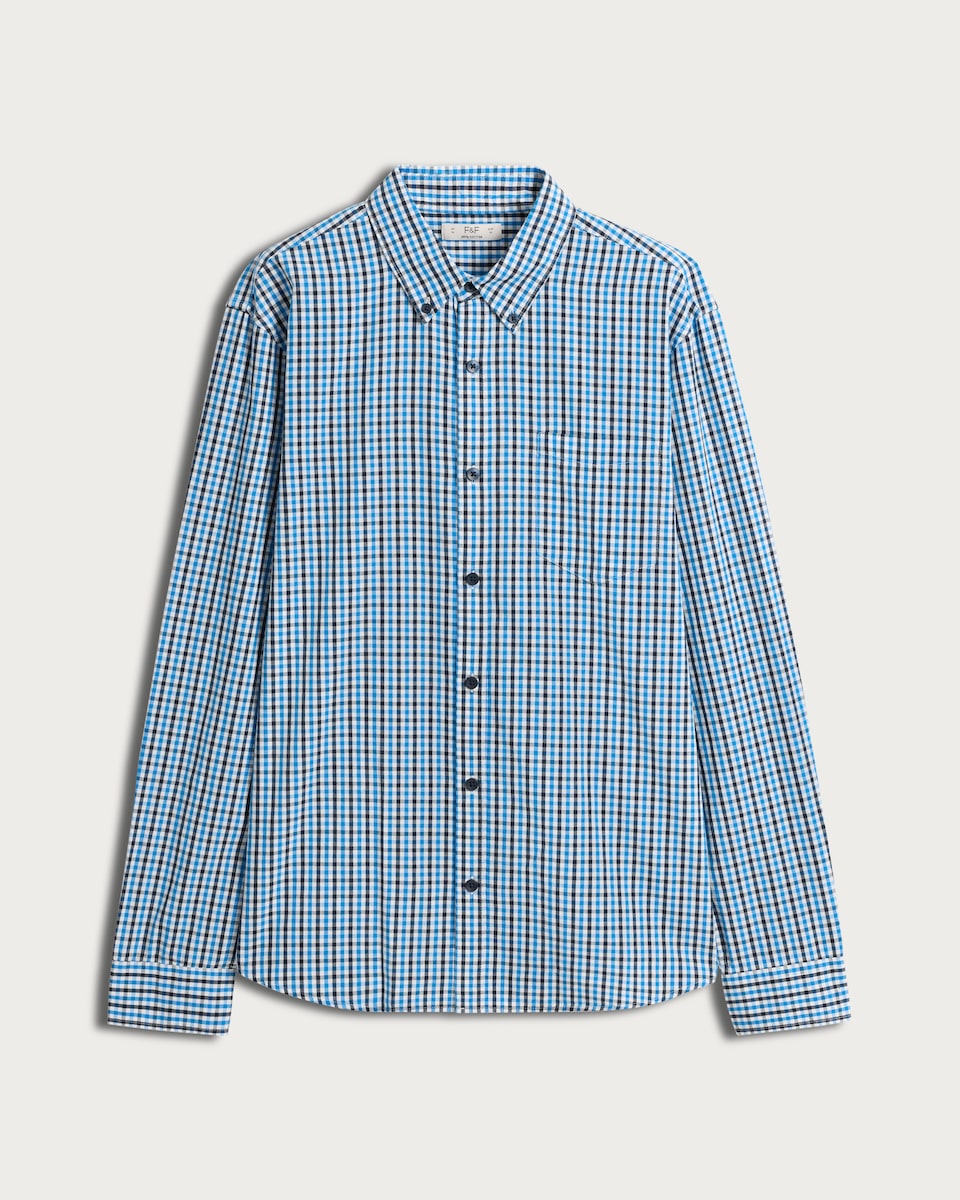 image 1 of F&F Pure Cotton Check Button-Down Shirt in Blue