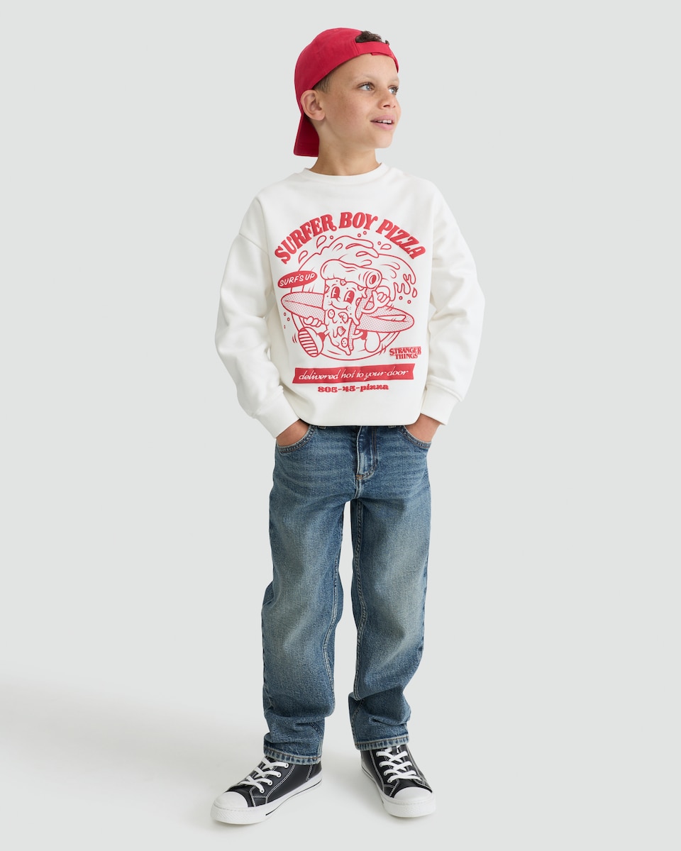 image 1 of Stranger Things Cotton Rich Pizza Print Sweatshirt in Cream