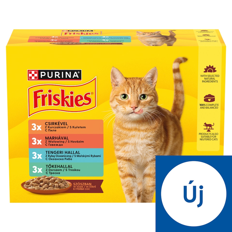 Purina Friskies szószban marhával/csirkével/tengeri hallal/tőkehallal nedves macskaeledel 12 x 85 g