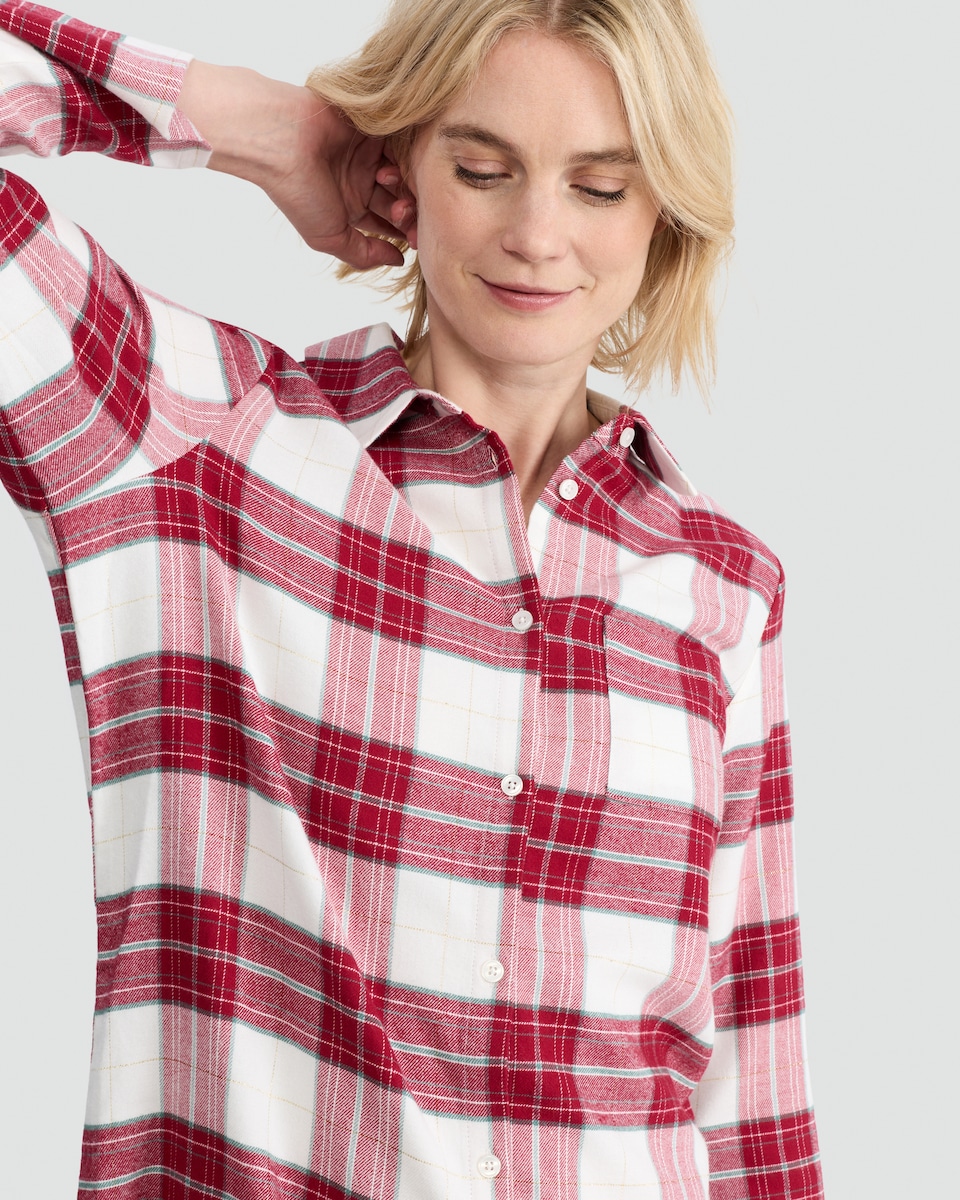 image 1 of F&F Check Print Longline Pyjama Shirt in Multi Red