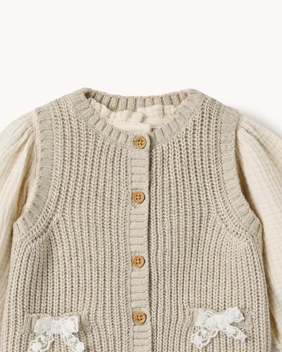 image 1 of F&F Baby Frill Top, Knitted Vest and Jeans Outfit in Brown