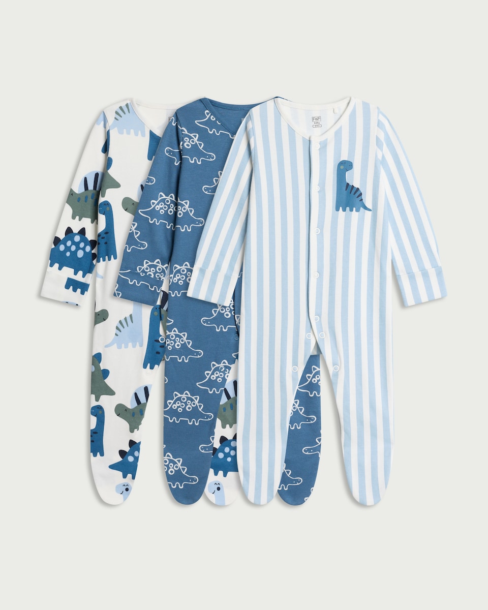 F&F Baby 3-Pack Pure Cotton Dinosaur Print Sleepsuits in Blue