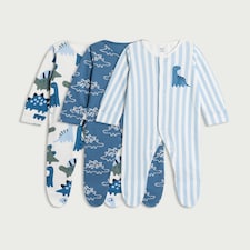 F&F Baby 3-Pack Pure Cotton Dinosaur Print Sleepsuits in Blue