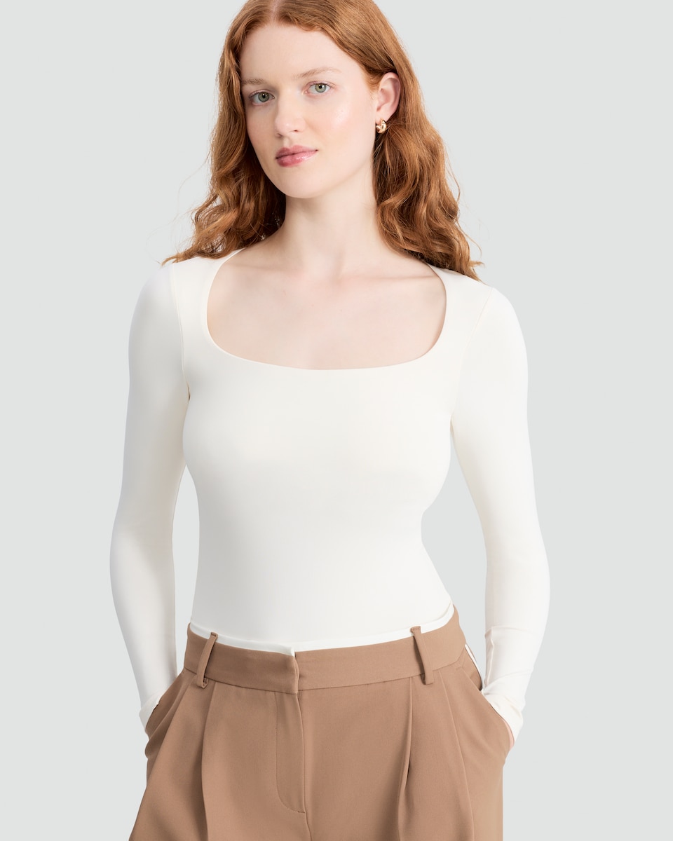 image 1 of F&F Polyamide Square Neck Long Sleeved Bodysuit in Cream