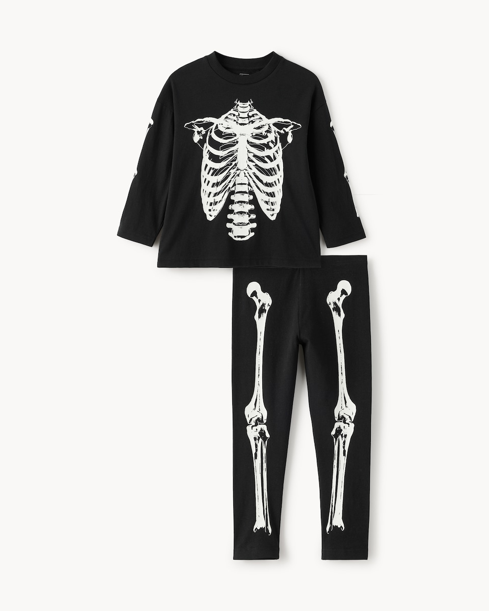 image 1 of F&F Boys Pure Cotton Halloween Skeleton Glow in the Dark Top and Leggings Set in Black