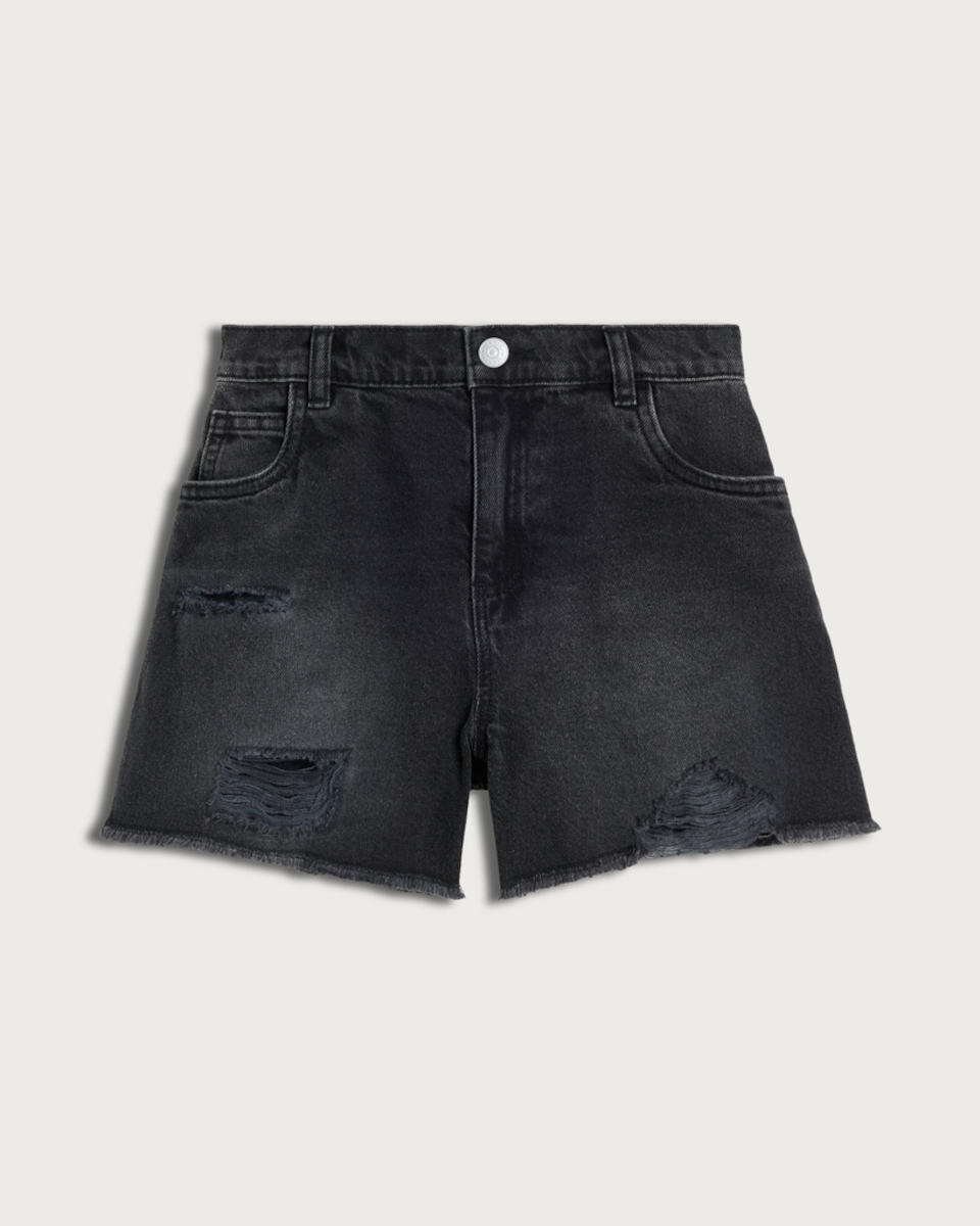 image 1 of F&F Girls Pure Cotton Distressed Frayed Hem Shorts in Black