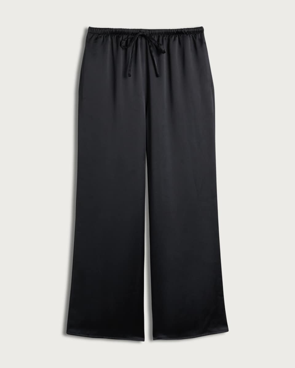 image 1 of F&F Satin Wide Leg Drawstring Trousers in Black