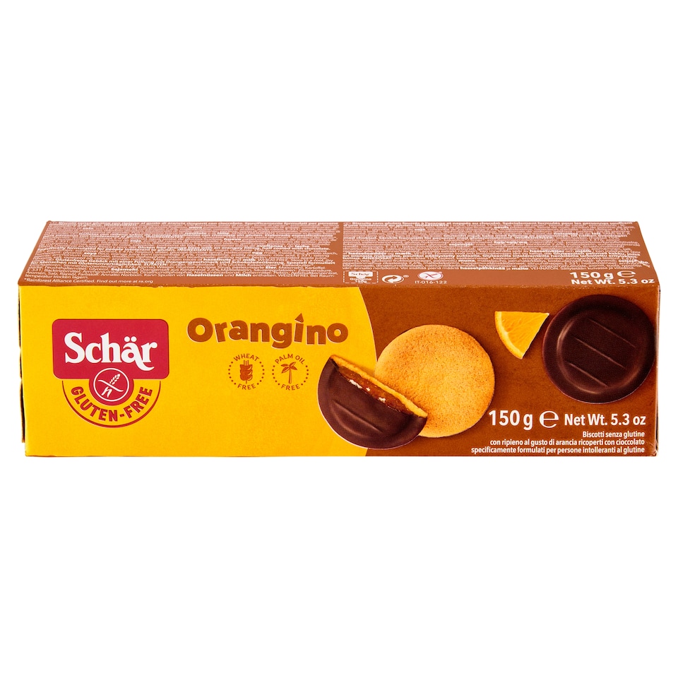 obrázok 1 z Schär Orangino jemné pečivo bez lepku polomáčané v čokoláde s náplňou s príchuťou pomaranča 150 g
