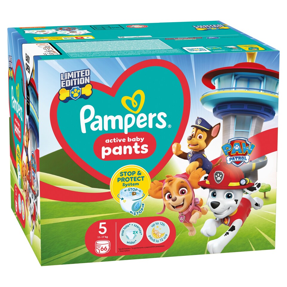 Obrázek 1 pro produkt Pampers Active Baby Pants Plenkové Kalhotky Edice Tlapková Patrola, Velikost 5, 66 Plenky,