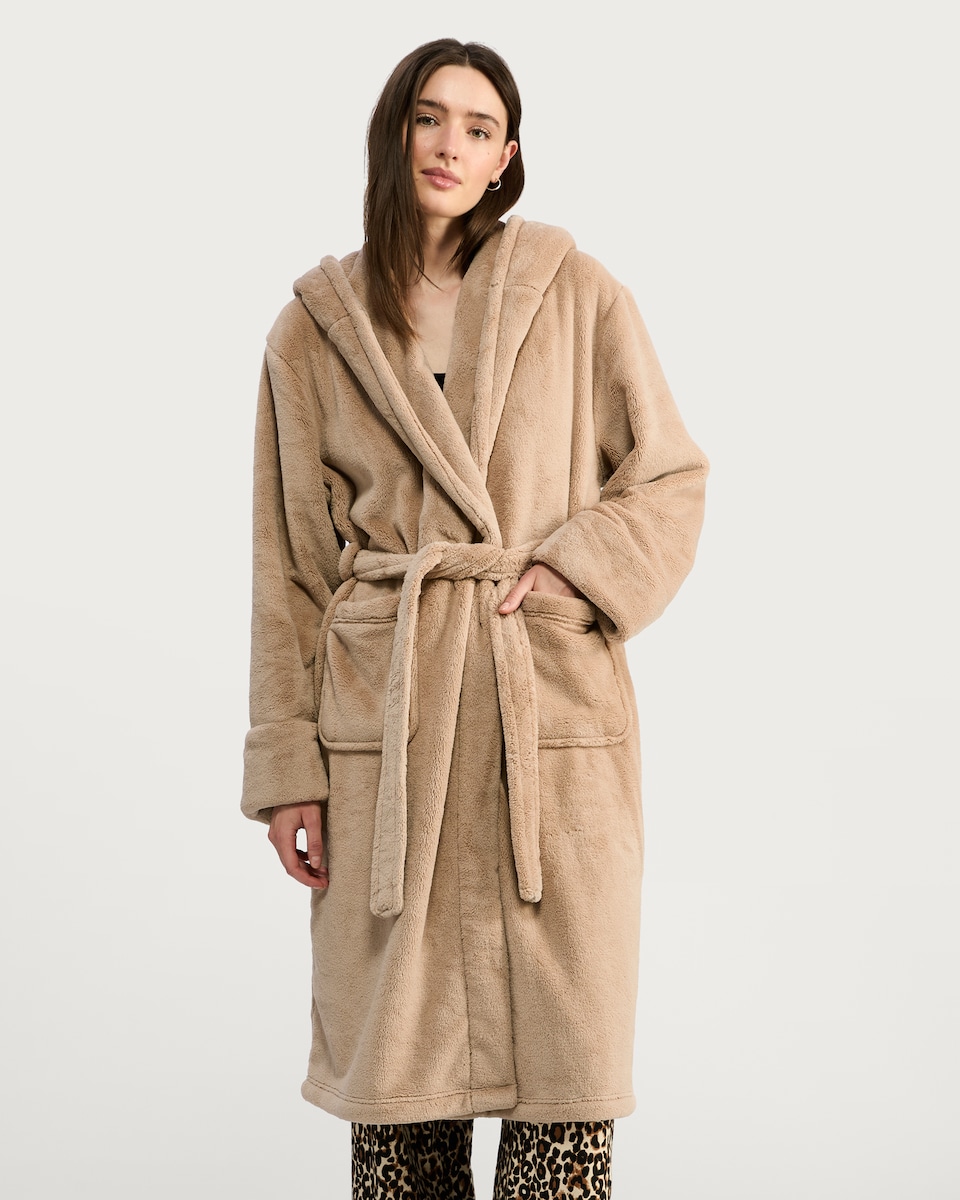 image 1 of F&F Fleece Hooded Dressing Gown in Cream