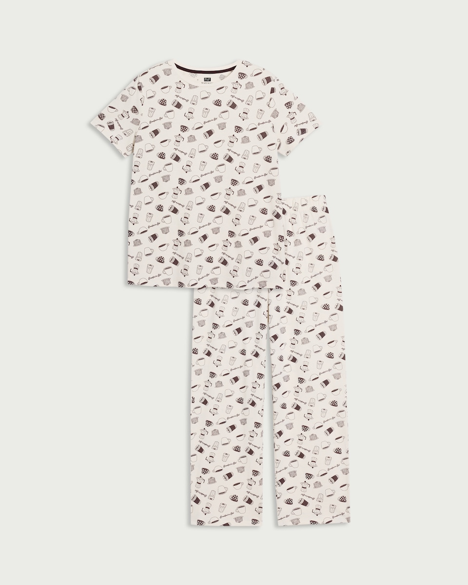 image 1 of F&F Pure Cotton Breakfast Print Pyjama Set in Cream