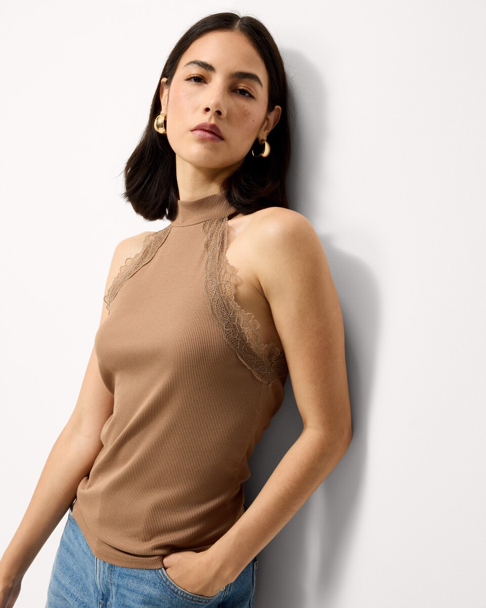 image 1 of F&F Lace Trim Halter Neck Top in Brown