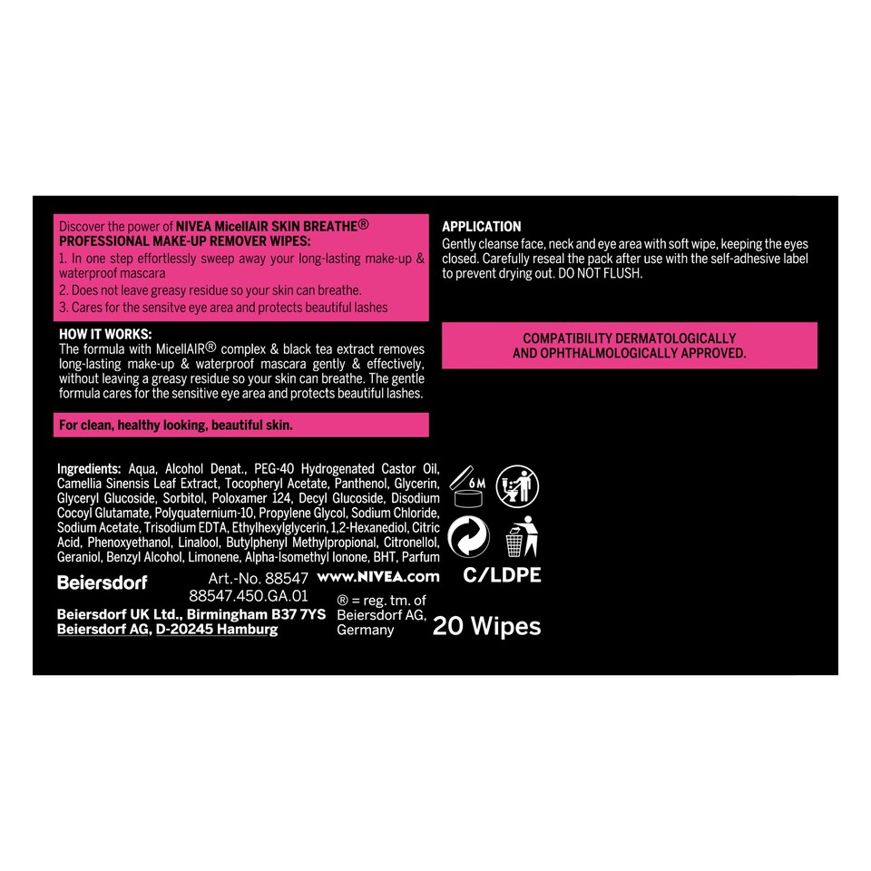 image 1 of Nivea Micellair Make Up Remover Wipes 20'S