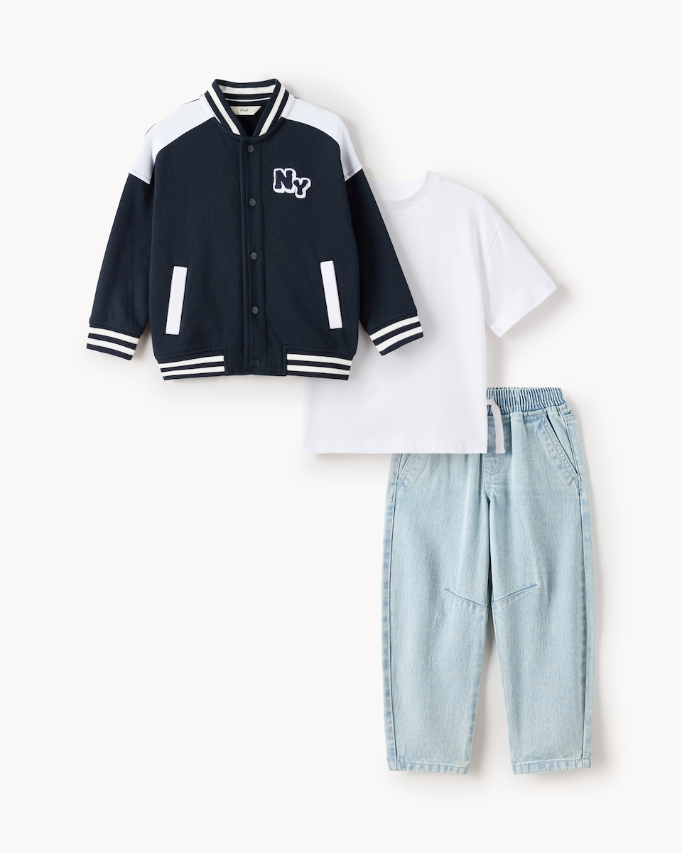 image 1 of F&F Boys Pure Cotton Jacket, T-Shirt and Jeans Set in Navy