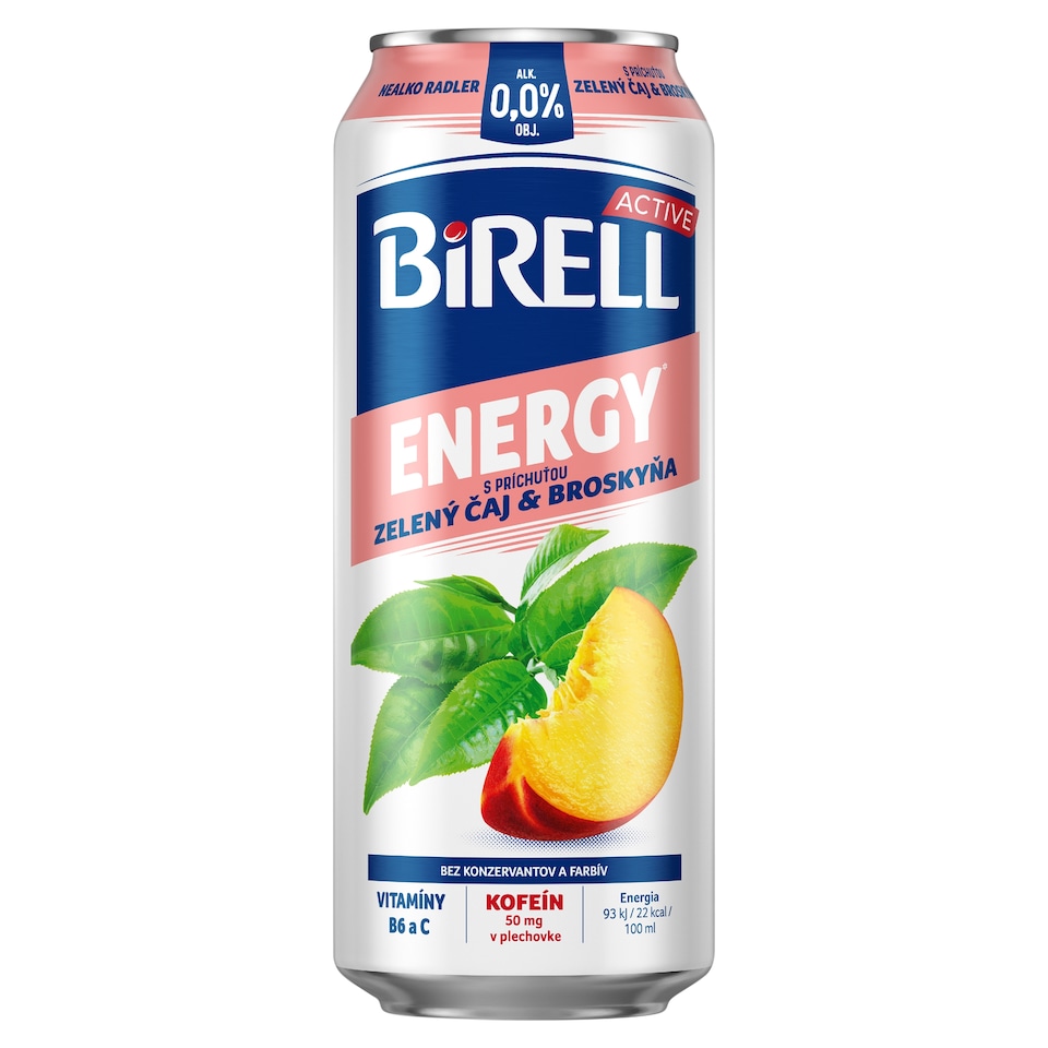 Birell 0.0 Energy Zelený čaj & Broskyňa plech, nealko radler 0,5 l