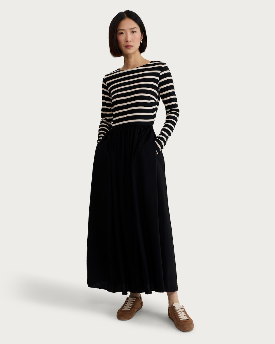 image 1 of F&F Stripe Print Long Sleeved Midi Dress in Multi Black