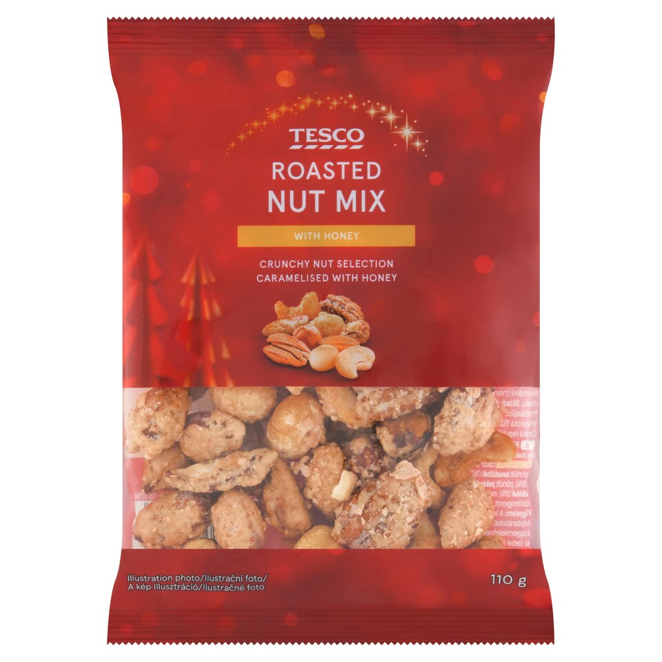 Tesco mandula, kesudió, mogyoró, pekándió és makadámia dió keveréke mézzel karamellizálva 110 g