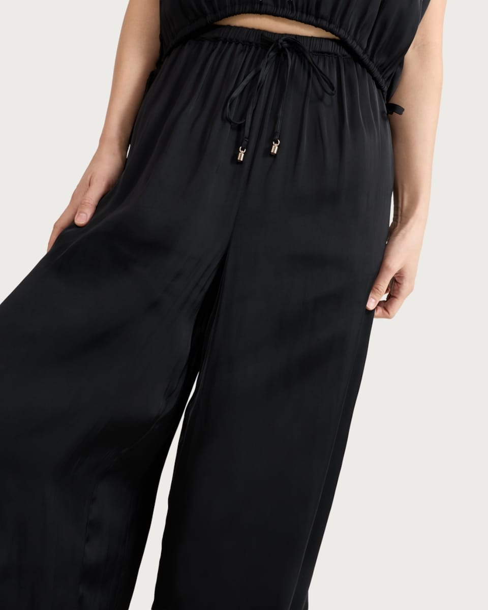 image 1 of F&F Satin Drawstring Co-ord Trousers in Black