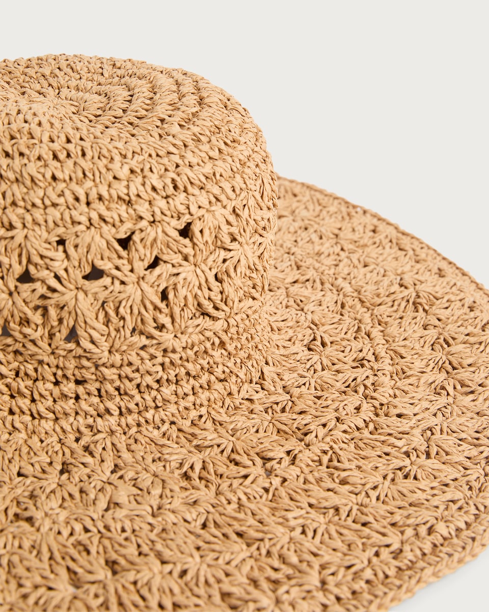 image 1 of F&F Crochet Wide Brim Hat in Neutral