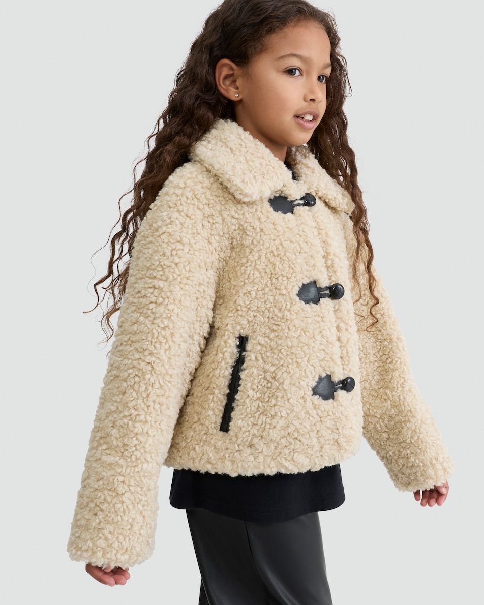 image 1 of F&F Girls Teddy Duffle Coat in Cream