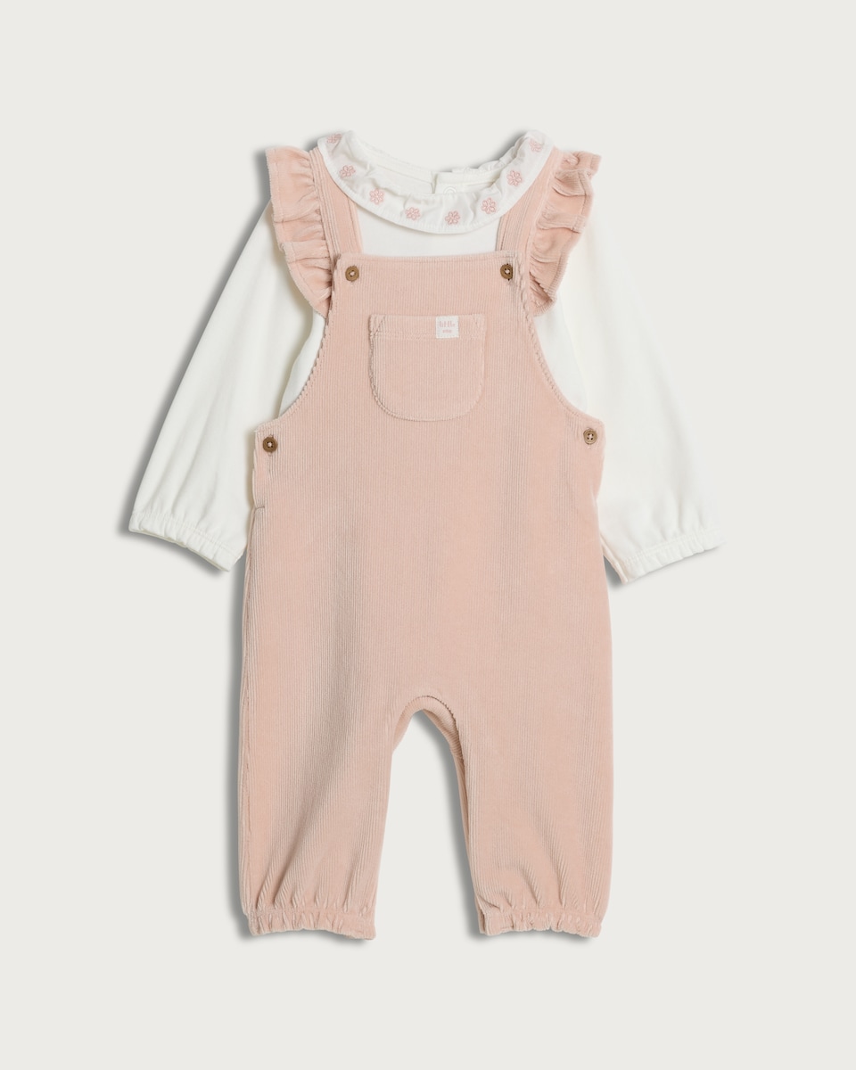 image 1 of F&F Baby 2-Piece Cotton Rich Ribbed Dungarees and Bodysuit Set in Pink