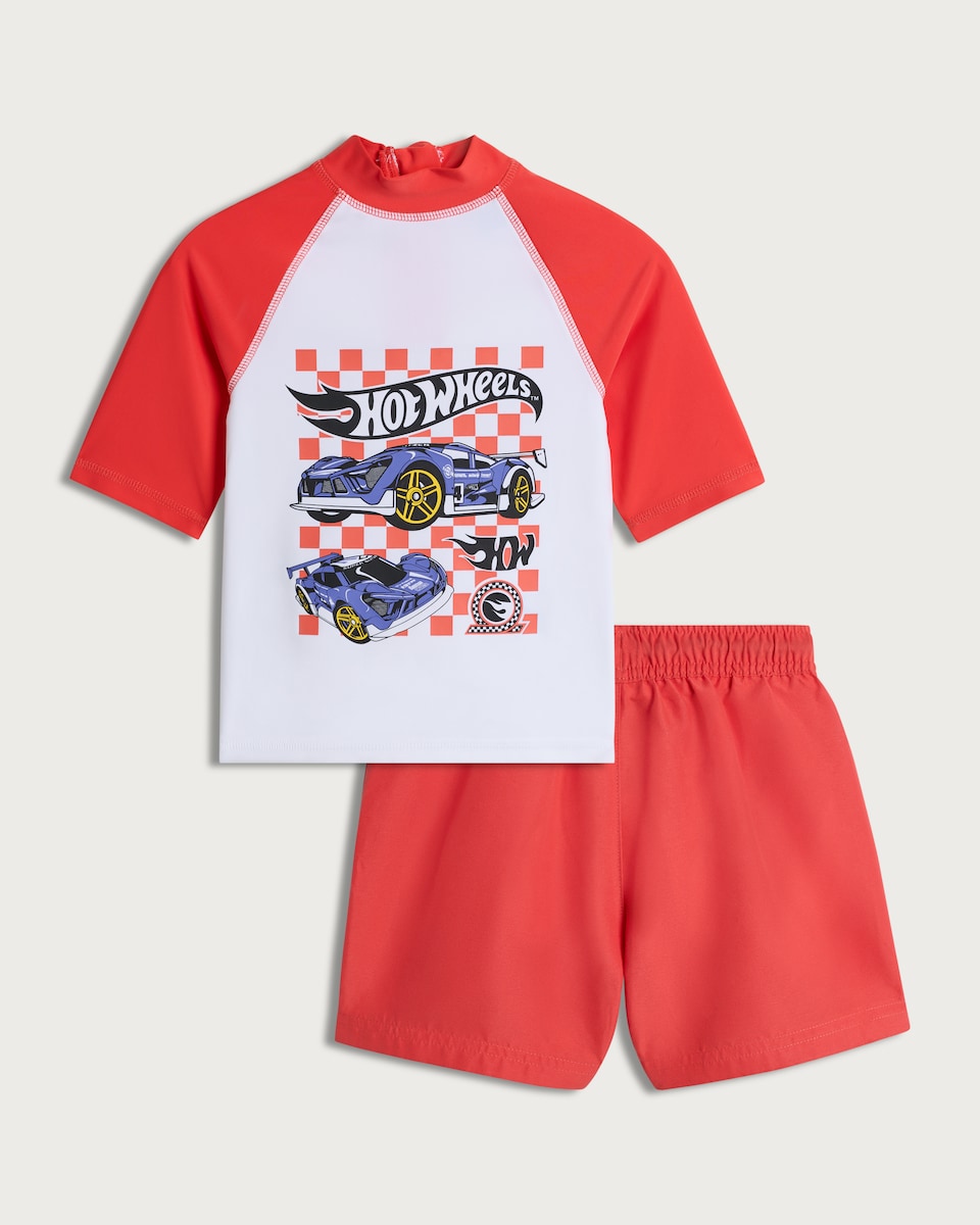image 1 of Hot Wheels 2-Piece Rash Vest and Swim Shorts Set in Red