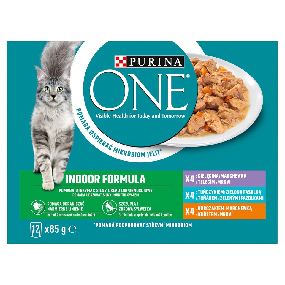 obrázok 1 z PURINA ONE INDOOR s teľacím, mrkvou, kuraťom, mrkvou, tuniakom, zelenými fazuľkami v šťave 12 x 85 g