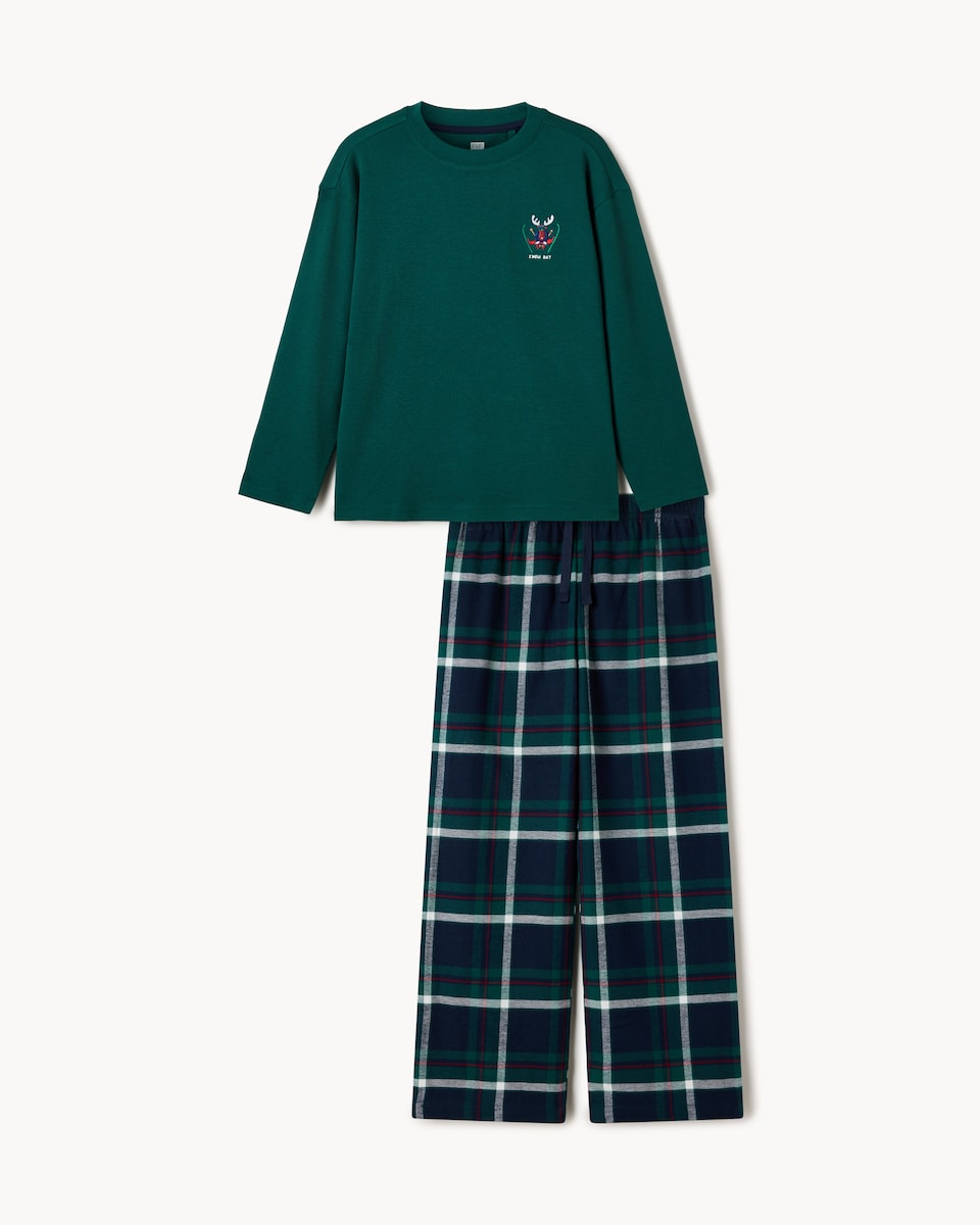 image 1 of Christmas Boys Pure Cotton Ski Checked Pyjama Set in Green