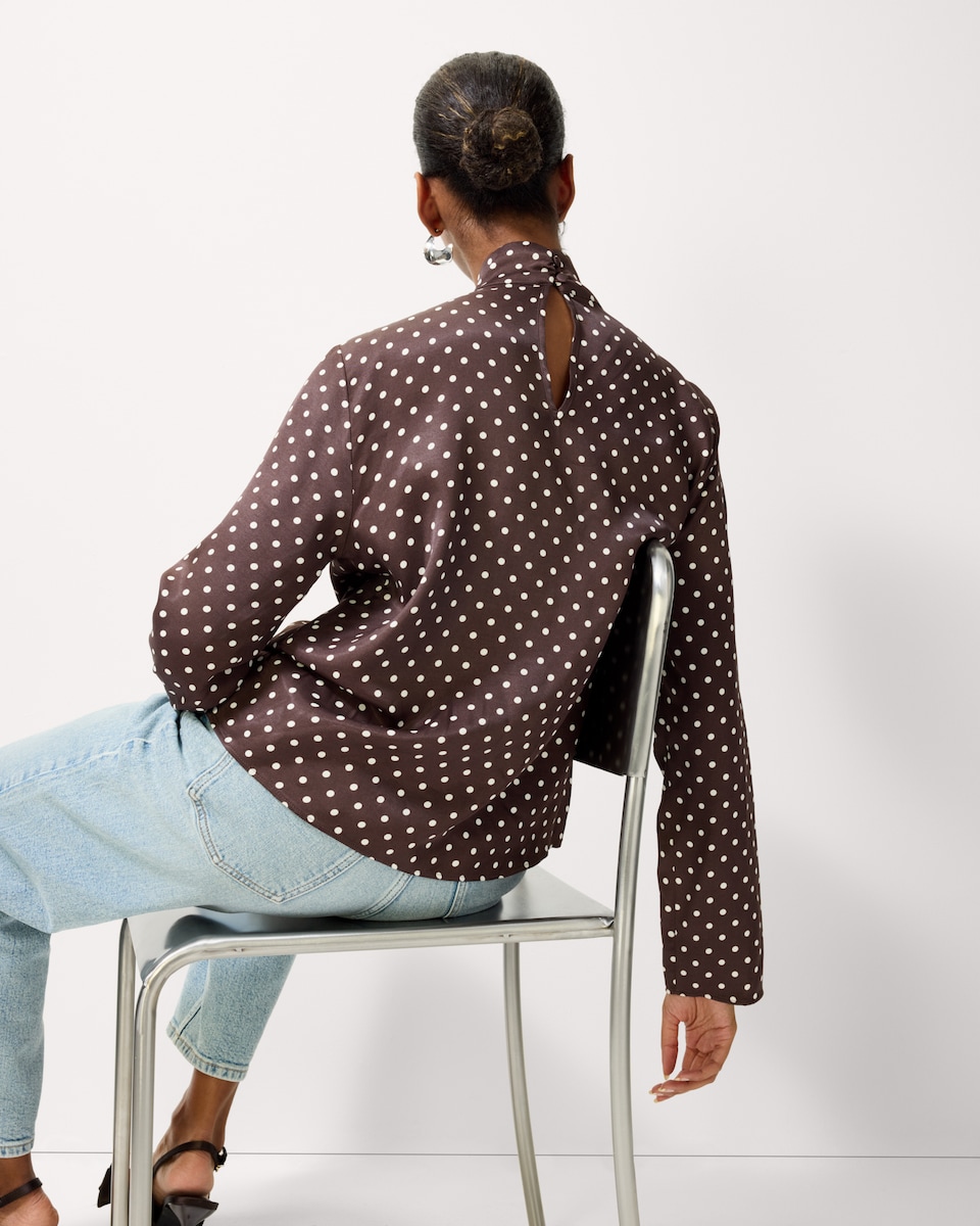 image 1 of F&F Satin Polka Dot Blouse in Multi Brown
