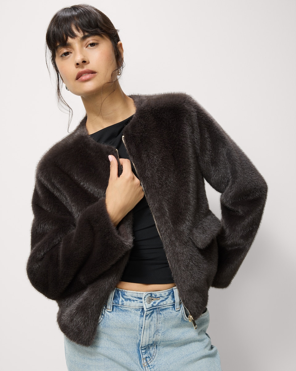 image 1 of F&F Faux Fur Zip Up Short Jacket in Grey