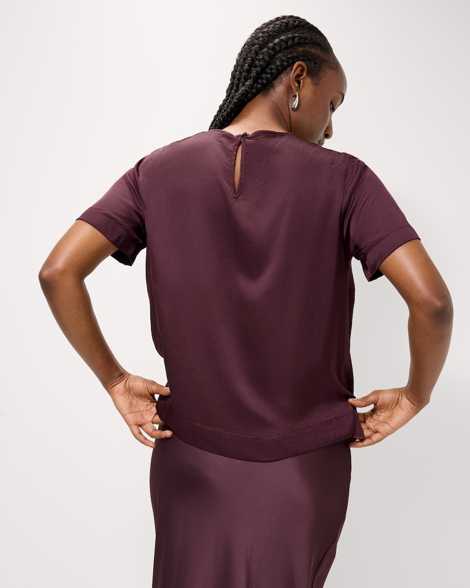 image 1 of F&F Satin Short Sleeved Top in Burgundy