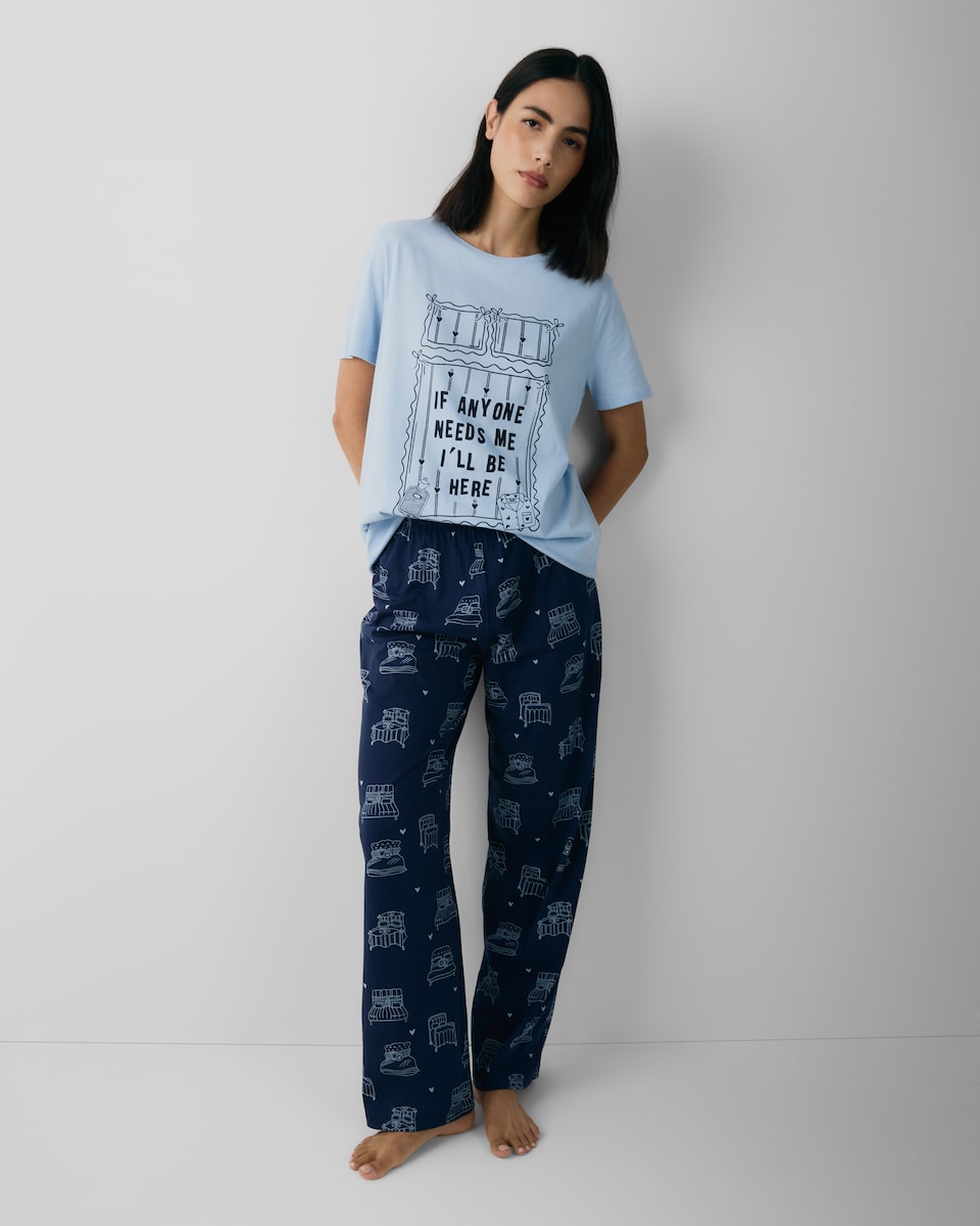 image 1 of F&F Pure Cotton Bed Print Pyjama Set in Multi Blue