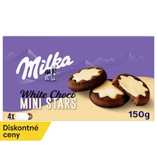 Milka sušienky White Choco Mini Stars kakaové, mliečna náplň a biela čokoláda 150 g