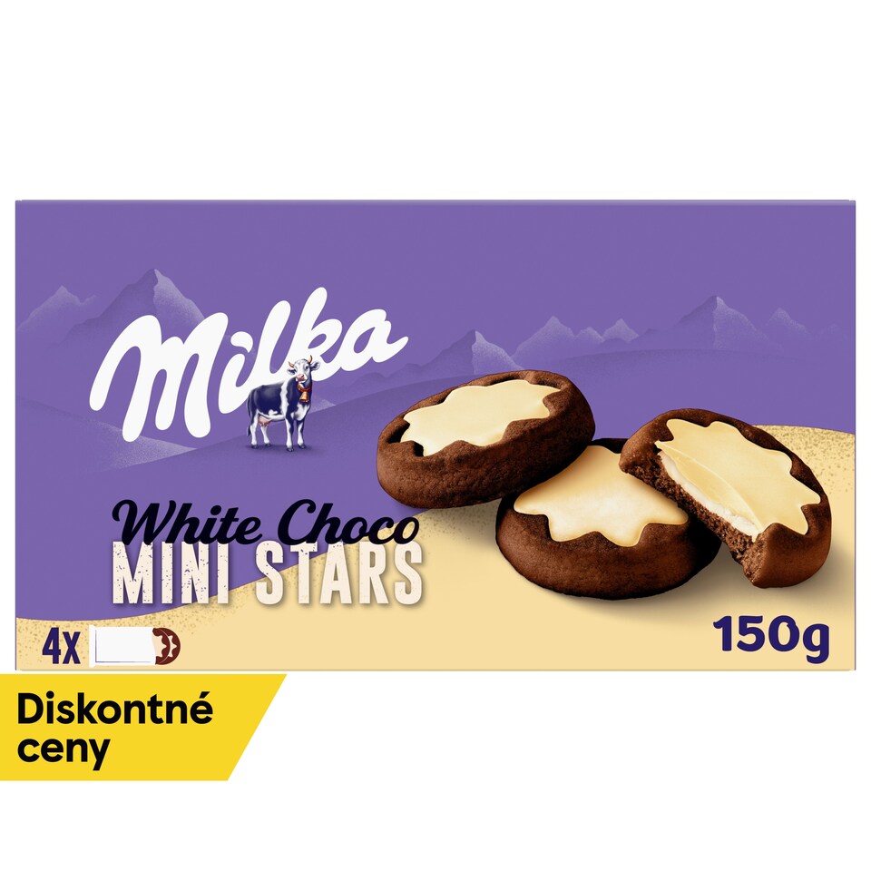 Milka sušienky White Choco Mini Stars kakaové, mliečna náplň a biela čokoláda 150 g