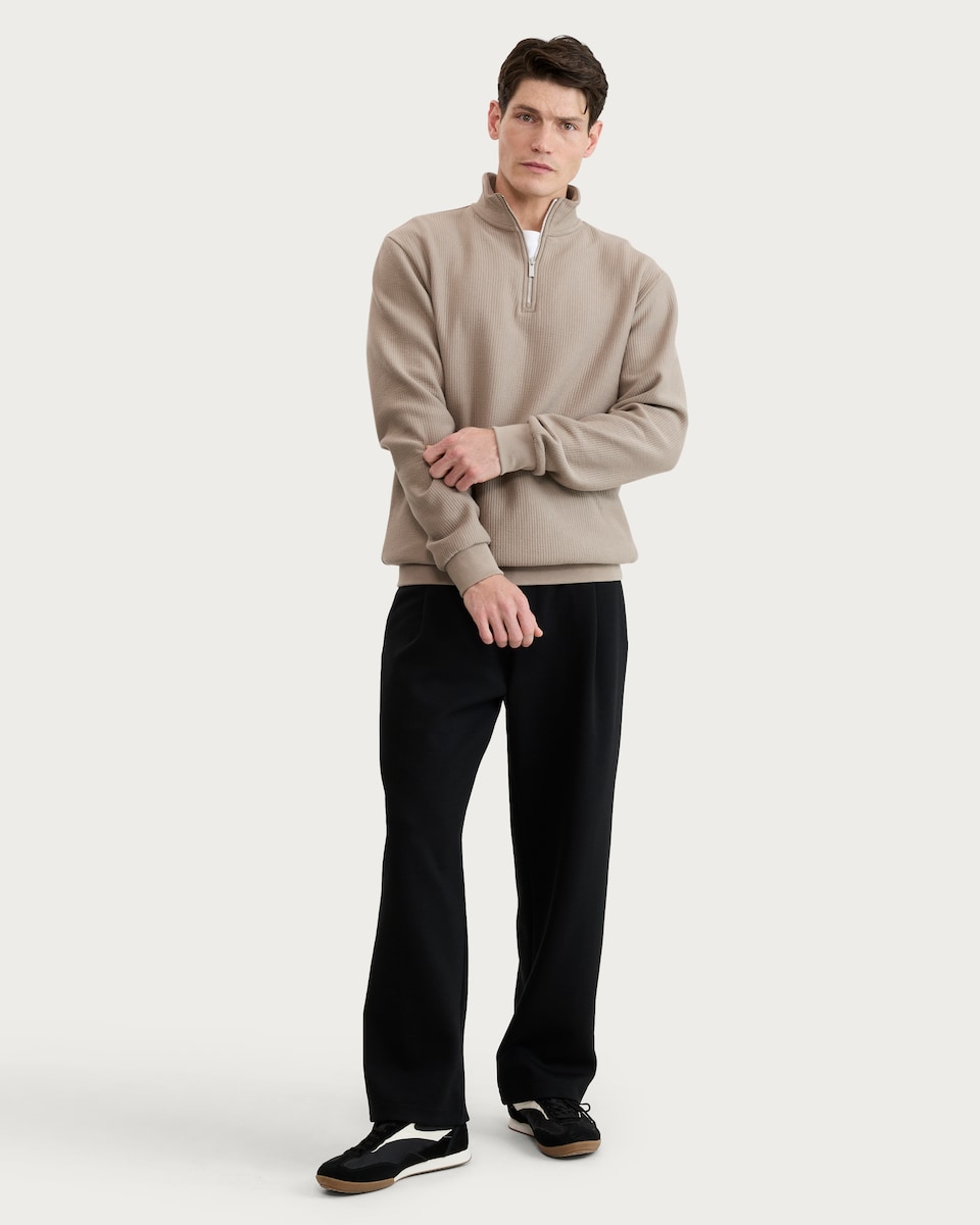 image 1 of F&F Cotton Rich Ribbed High Neck Half Zip Sweatshirt in Stone
