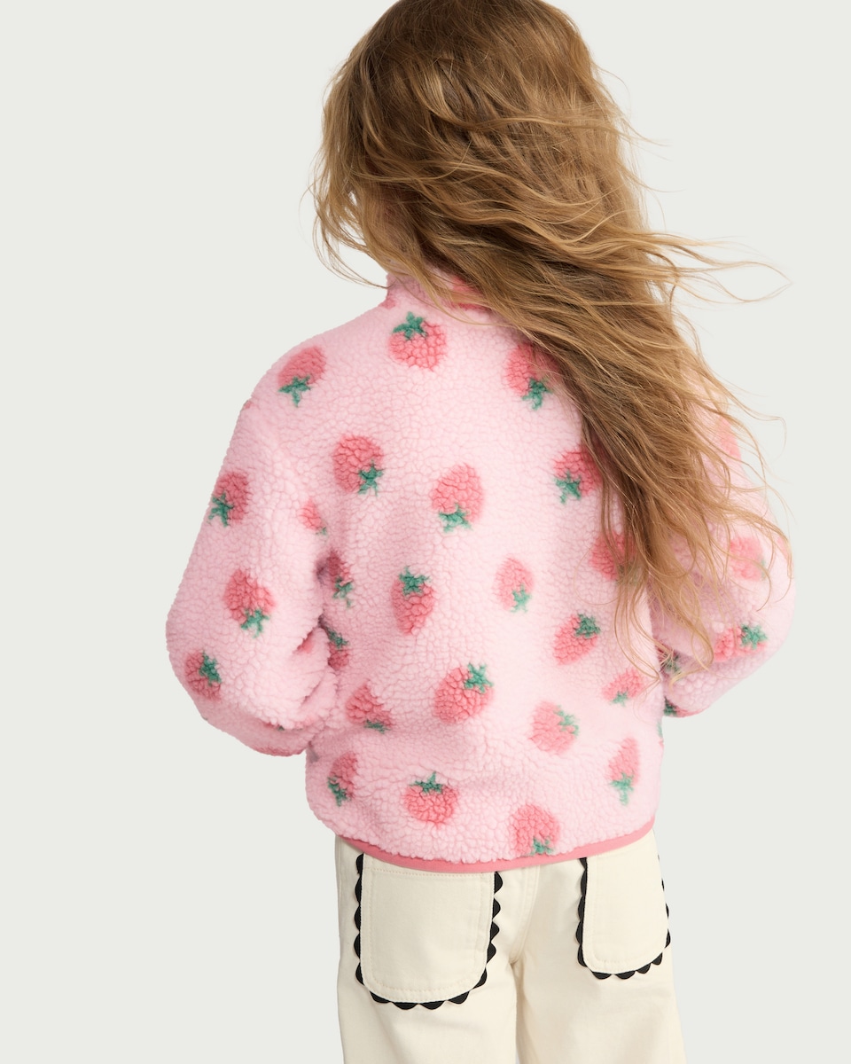 image 1 of F&F Girls Fleece Strawberry Print Jacket in Pink