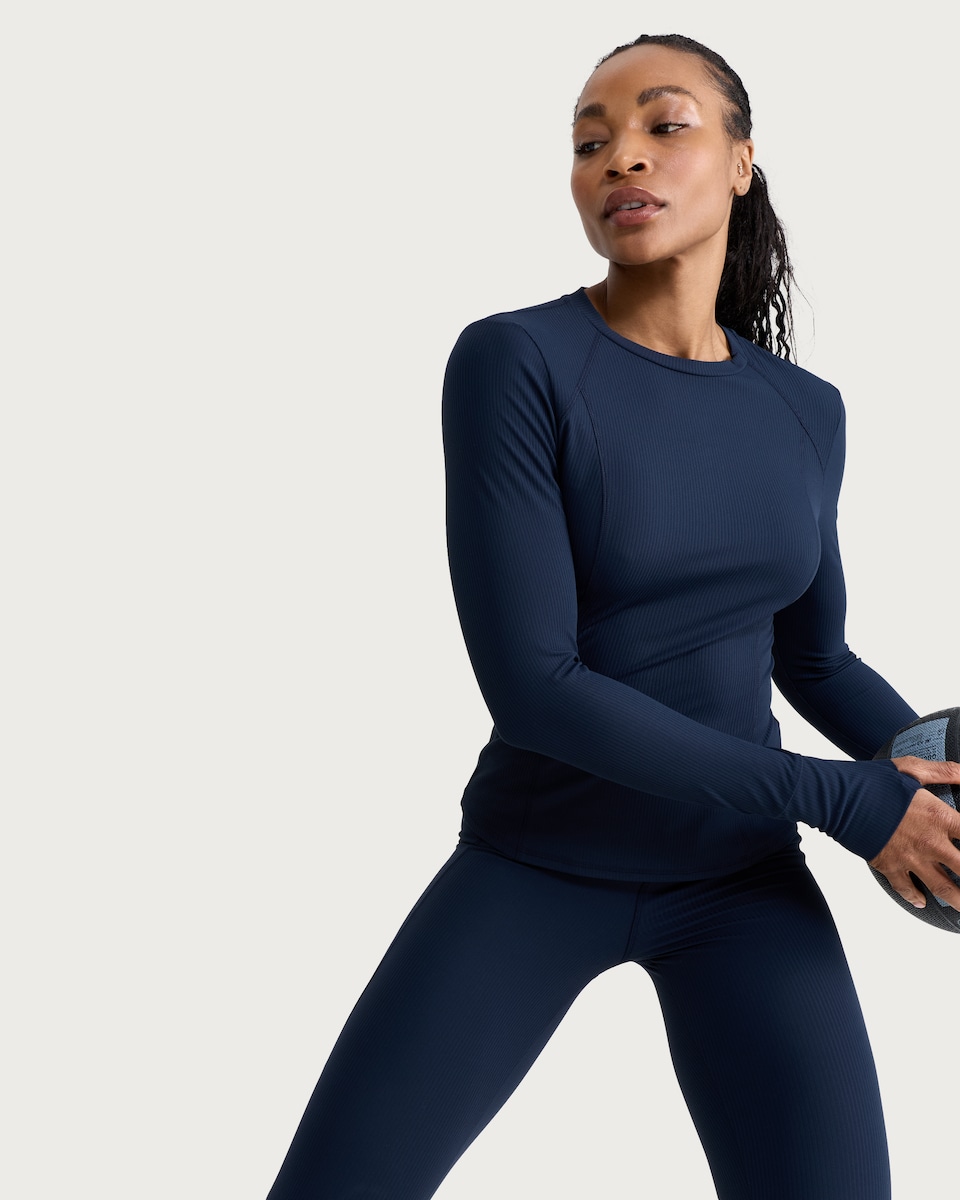image 1 of F&F Active EVERYHOUR Ribbed Long Sleeved Top in Navy