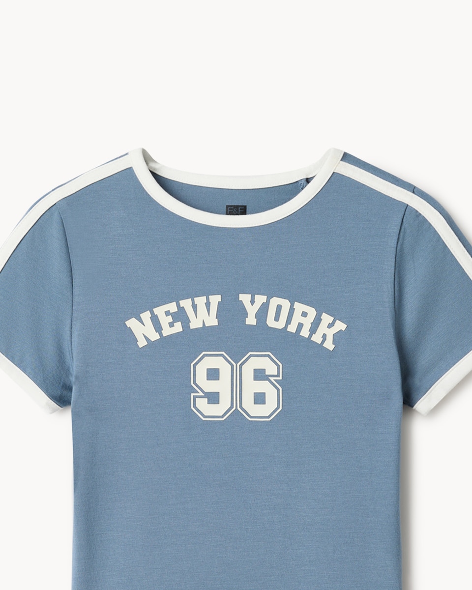image 1 of F&F Active Girls 2-Piece New York Tipped T-Shirt and Leggings Set in Blue