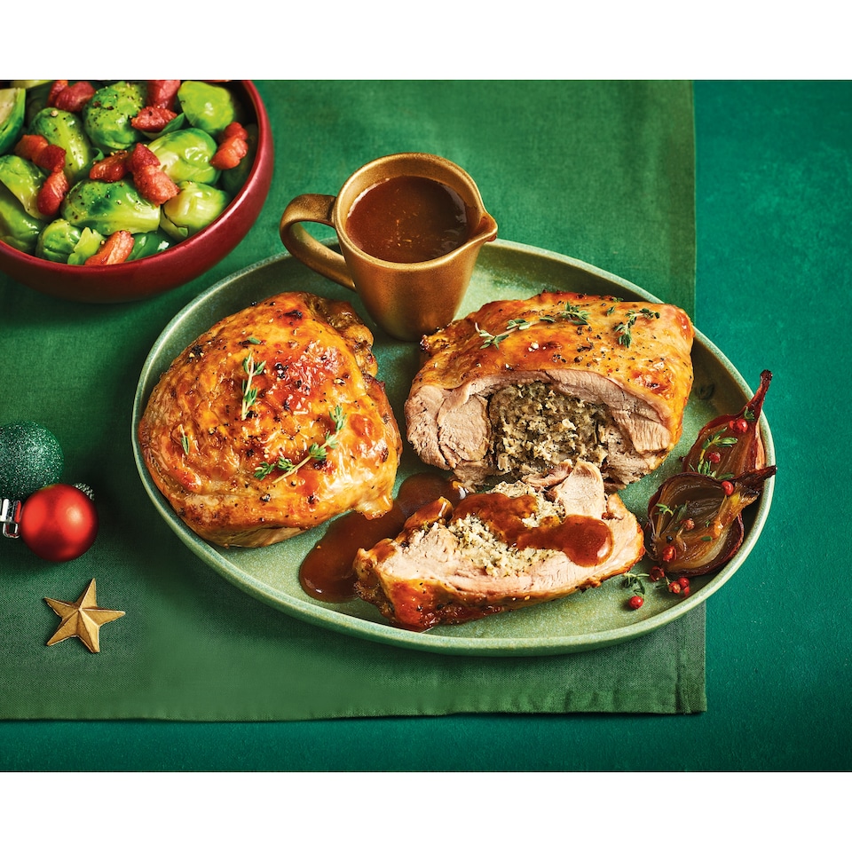 image 1 of 38. Tesco Slow Cooked Turkey Thighs with Pork, Sage & Onion Stuffing & Gravy 795g (Serves 4)