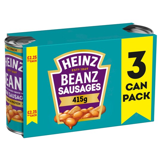 Heinz Baked Beans With Pork Sausages In Tomato Sauce 3X415g Tesco