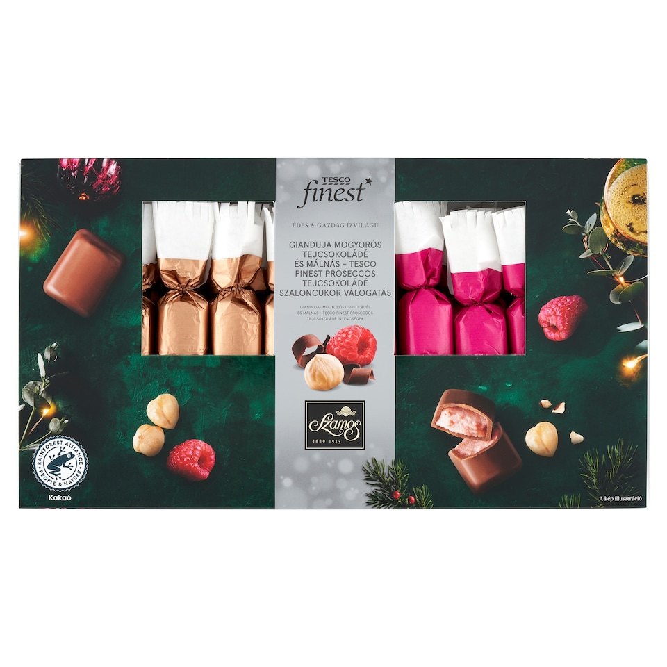 Tesco Finest mogyorós tejcsokoládé és málnás tejcsokoládé szaloncukor válogatás 240 g