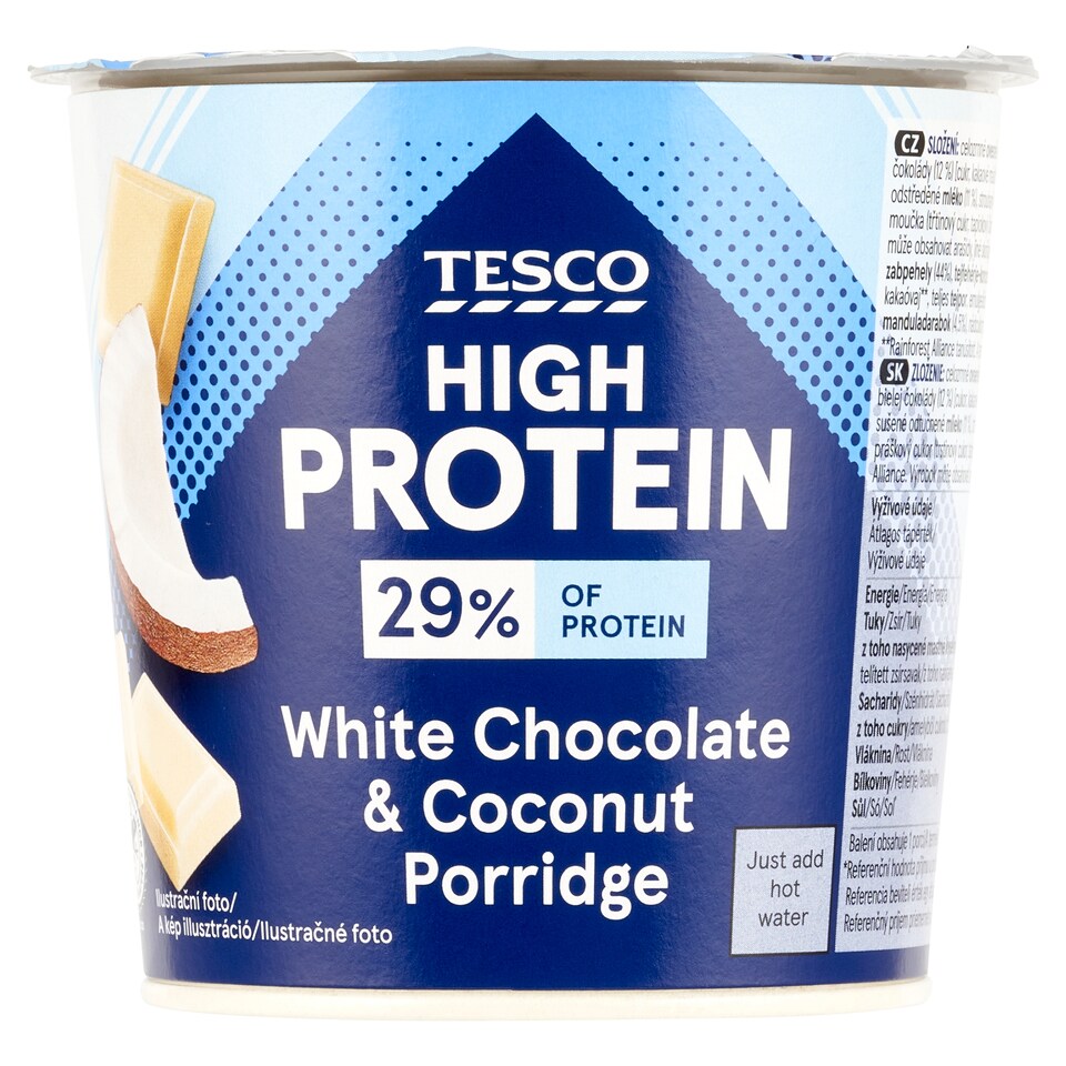 Tesco High Protein instantná ovsená kaša s kúskami bielej čokolády, kokosom a kúskami mandlí 65 g
